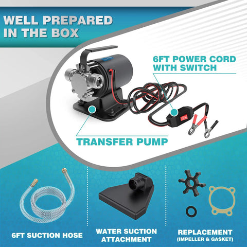 DC 12V Water Transfer Pump 1 Tenth HP Grab And Go Portable Electric Water Removal Pump With Switch And Suction Hose Kit contents