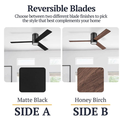 Espy Modern 52 Inch Ceiling Fan With Light And Remote Control, reversible matte black and honey birch blade finishes.
