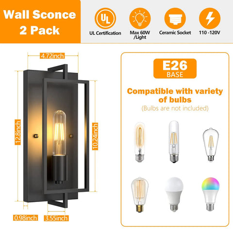 Industrial Black Wall Sconces Set Of 2, Vintage Farmhouse Style Metal Light Fixtures For Indoor Use, UL listed dimensions