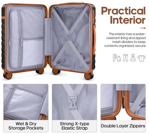 UKEIN 3-piece PC hardside luggage set, 20-inch carry-on, black; interior cross straps and zip pockets; spinner wheels