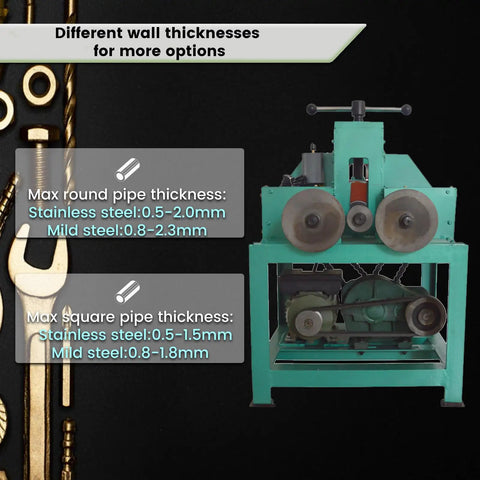 Heavy Duty 1.5Kw Electric Pipe Bender For Smooth Stainless Steel Round And Square Tube Bending With Cold Process No Heating Needed For Easy Decoration And Agricultural Projects Reliable Performance showing max pipe thickness details.