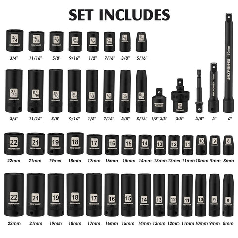 3/8 Inch Drive Deep Impact Socket Set 6-Point 49 Piece SAE And Metric Sizes 5/16 To 3/4 Inch And 8-22 Millimeters displayed