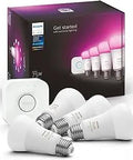 Smart Light Starter Kit With Hub And Four A19 75W Equiv LED Color Ambiance Bulbs, Easy Setup, Control Via App, box and bulbs displayed