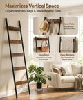 Killer 5-Tier Blanket Ladder With Heavy Duty Hooks, Wall-Leaning Towel Rack For Living Room And Bedroom, Rustic Industrial Decor Organizer For Scarves And Blankets, Total Home Game Changer with organized hats, bags, and blankets.