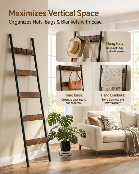 Killer 5-Tier Blanket Ladder With Heavy Duty Hooks, Wall-Leaning Towel Rack For Living Room And Bedroom, Rustic Industrial Decor Organizer For Scarves And Blankets, Total Home Game Changer with organized hats, bags, and blankets.