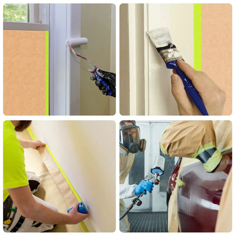 Pre Taped Masking Paper For Painting 12 Inch By 50 Foot 2 In 1 Tape And Drape Painters Paper Roll used for covering surfaces during painting and auto body work.