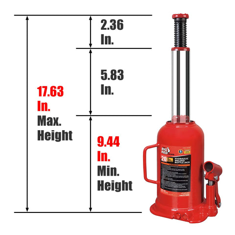Bottle jack, 20-ton hydraulic, red, Big Red with handle, front view