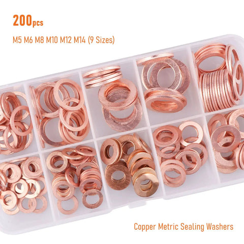 Copper Crush Washer Kit With 9 Sizes M5 M6 M8 M10 M12 M14 200 Pcs In A Sturdy Storage Case for DIY projects automotive machinery