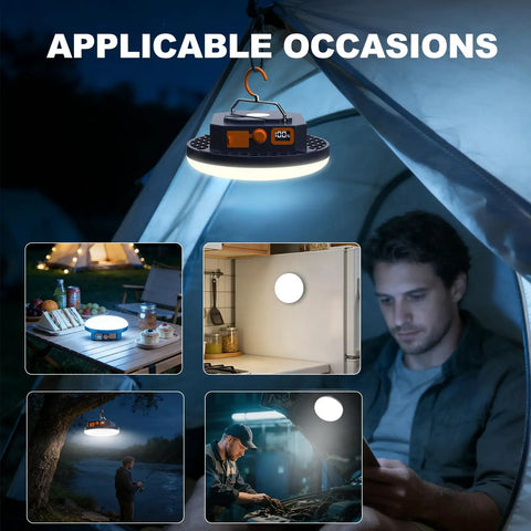 Crazy Bright 4000 Lumen Portable LED Camping Lantern with Digital Display hanging in tent, multiple uses shown.