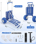 Massive Heavy Duty Beach Wagon With 12 Inch Big Wheels For Sand Balloon Tires in folded and unfolded positions with accessories