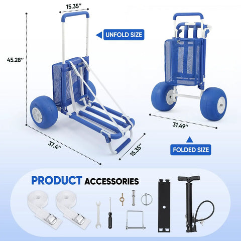 Massive Heavy Duty Beach Wagon With 12 Inch Big Wheels For Sand Balloon Tires in folded and unfolded positions with accessories
