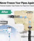 Keep Your Pipes From Freezing With Thick Foam Insulation Tape for outdoor piping freeze protection, black wrap, before and after.