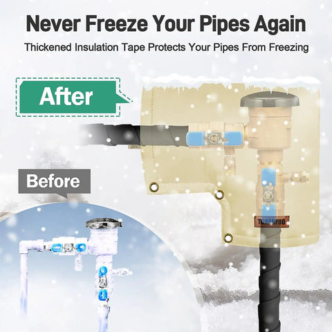Keep Your Pipes From Freezing With Thick Foam Insulation Tape for outdoor piping freeze protection, black wrap, before and after.