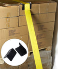 Heavy Duty Black Plastic Corner Protectors For Shipping Straps And Pallet Edges, securing yellow strap on stacked boxes