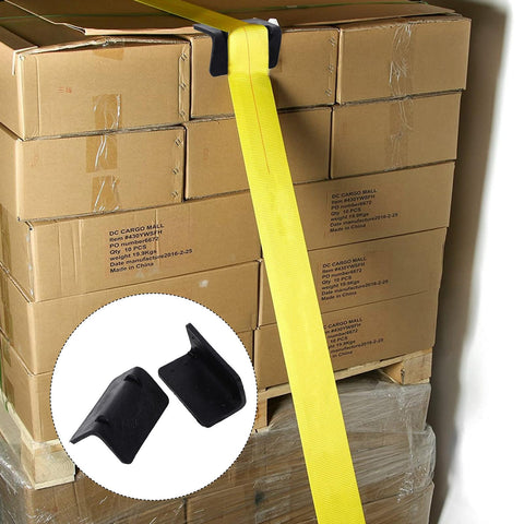 Heavy Duty Black Plastic Corner Protectors For Shipping Straps And Pallet Edges, securing yellow strap on stacked boxes
