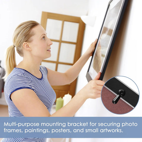 Picture frame turn-button fasteners set; metal hardware with screws; front view of a woman mounting a frame