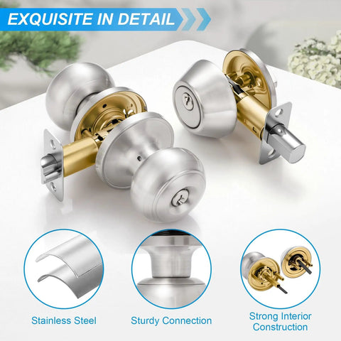 4 Pack Exterior Door Lock Set With Satin Nickel Knobs And Deadbolts, Keyed Alike Entry Door Lockset for front or back doors.
