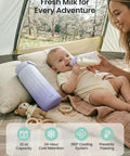 Slick Portable Breast Milk Cooler Bag Holding Two 22oz Feeding Bottles, used outdoors with a happy baby and mother.