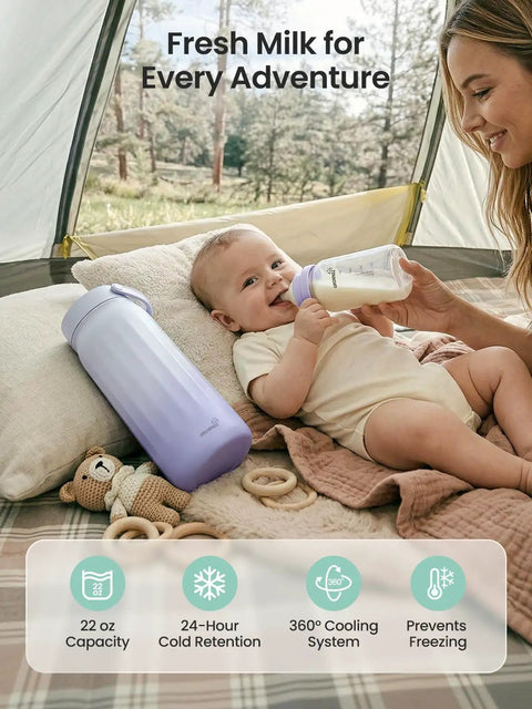 Slick Portable Breast Milk Cooler Bag Holding Two 22oz Feeding Bottles, used outdoors with a happy baby and mother.