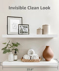 Floating Wall Shelves Set Of 2 23.6 x 9.3 Inches White MDF With Steel Brackets, styled with decor items and measurements