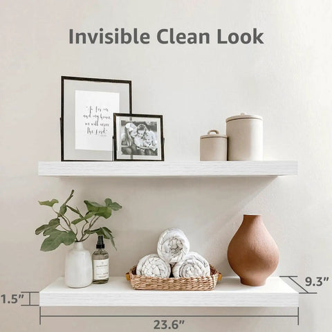 Floating Wall Shelves Set Of 2 23.6 x 9.3 Inches White MDF With Steel Brackets, styled with decor items and measurements