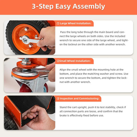 3-step assembly guide for Heavy Duty Panel Dolly With Brake, 1200 Lbs Capacity, shows wheel installation and inspection steps.