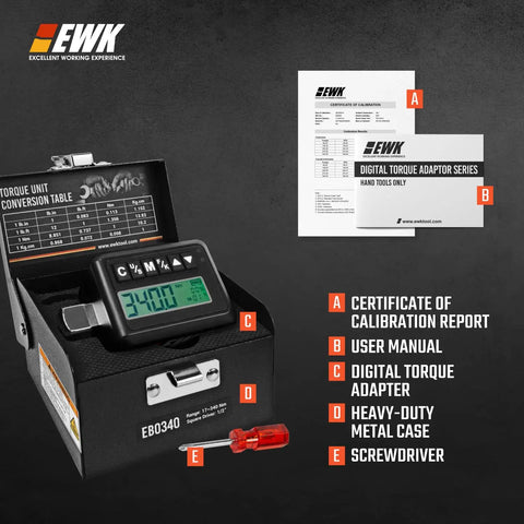 Half Inch Drive Digital Torque Adapter For 12.5 To 250 Foot Pounds With LED Display, user manual, and calibration certificates.