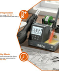 2-In-1 Soldering Iron And Hot Air Rework Station For Electronics DIY on a workbench with digital display and tools