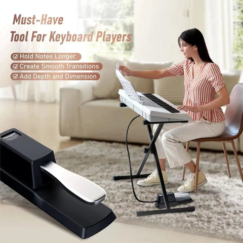 Woman using digital piano with Universal Sustain Pedal For Digital Piano And Keyboard, Chrome Plated Metal Foot Damper, in living room