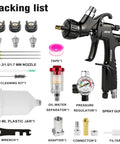 Built Tough Premium LVLP Paint Spray Gun Featuring Slick Teflon Coated Aluminum Body With Three Interchangeable Tips packing list with accessories.