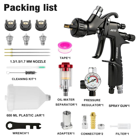 Built Tough Premium LVLP Paint Spray Gun Featuring Slick Teflon Coated Aluminum Body With Three Interchangeable Tips packing list with accessories.