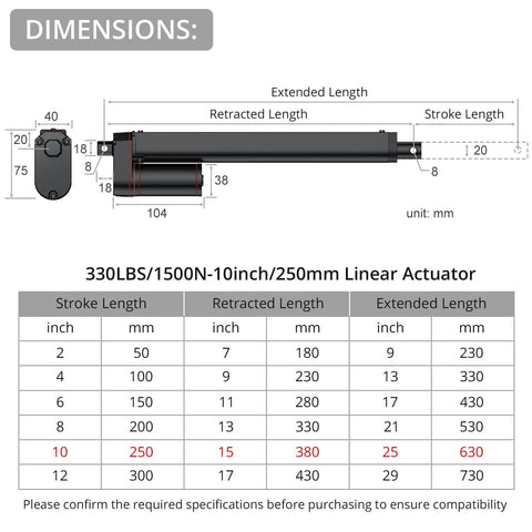Heavy Duty 12V Linear Actuator With 330 Lbs Lift, 1500 N, 10 Inch Stroke, dimensions diagram