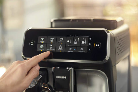 Fully Automatic Espresso Machine Featuring Intuitive Touch Display And Smooth LatteGo Milkmaker, touchscreen with drink options.
