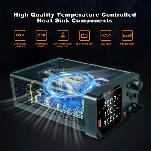 High Precision DC Power Supply With Encoder Knob 30V 10A Beefy Bench Unit showing internal components and heat sink