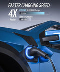 Portable EV Charger With SAE J1772 Connector in use on blue electric vehicle, 25-Foot Cable, 9.6kW Output, Level 1 and 2 Charging