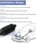 2 Pack Universal Rack And Pinion Steering Boot Kit Compatible With Most Car Models And Years Easy Install No Tie Rod End Removal And No Wheel Alignment Needed Durable Rubber Boot Replacement showing installation steps.