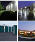 Exterior views showing Ultra Bright 100W LED Wall Pack Dusk To Dawn Outdoor Security Lighting 13000 Lumens 5000K in use.