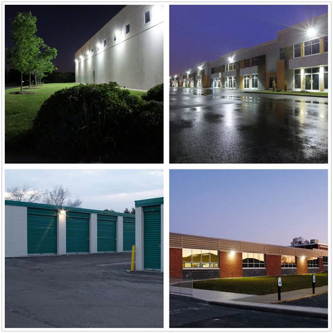 Exterior views showing Ultra Bright 100W LED Wall Pack Dusk To Dawn Outdoor Security Lighting 13000 Lumens 5000K in use.
