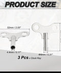 Three Pack Wrench Clock Keys For Winding Clocks, 4.4mm Hole, 52mm Long, Tough Steel Clock Keys, Silver Tone, Product Size Image