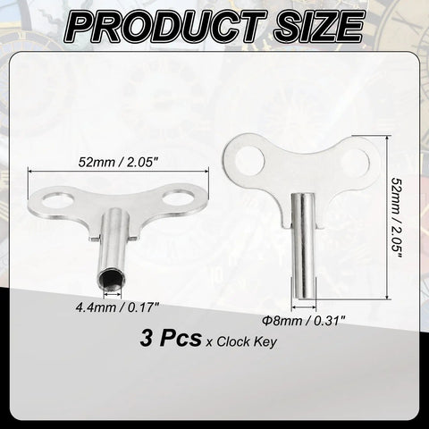 Three Pack Wrench Clock Keys For Winding Clocks, 4.4mm Hole, 52mm Long, Tough Steel Clock Keys, Silver Tone, Product Size Image