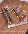 Heavy Duty Aluminum Table Saw Spline Clamp Jig With Four Flip Limiters And Uhmw Gliding Tracks For Dead Nuts Woodworking Joint Alignment on a wood surface.