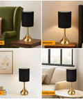 Modern Table Lamp With Brass Droplet Base And Black Linen Drum Shade Perfect For Bedroom Nightstand Living Room Or Office Small Desk Light With Sleek Cylinder Design And Contemporary Metal Finish in different settings