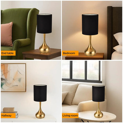 Modern Table Lamp With Brass Droplet Base And Black Linen Drum Shade Perfect For Bedroom Nightstand Living Room Or Office Small Desk Light With Sleek Cylinder Design And Contemporary Metal Finish in different settings