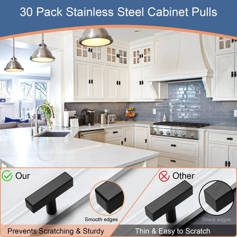 30 Pack Square Cabinet Knobs Slick Matte Black 2 Inch Length Single Hole Drawer Pulls For Cabinets Kitchen Bedroom Bathroom Office Stainless Steel Finish