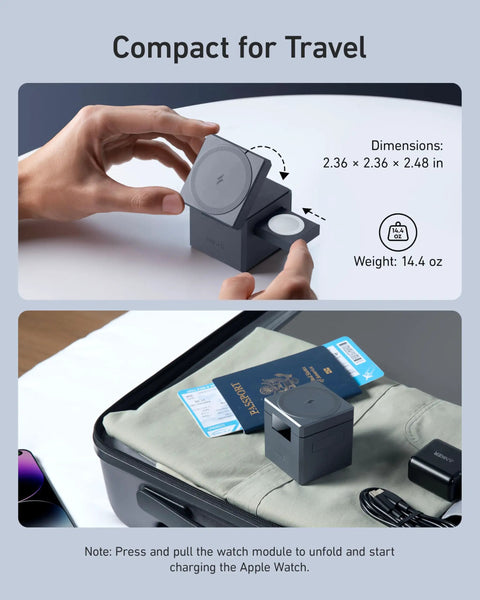 3 In 1 MagSafe Wireless Charger Stand For iPhone 17 16 15, Apple Watch Series 1 To 8 Ultra, AirPods pictured folded and compact for travel