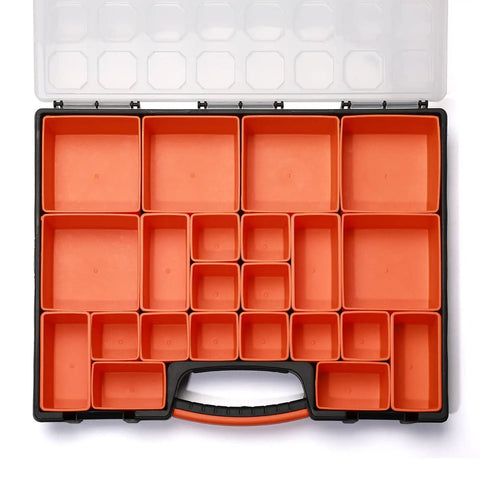 Open Two Pack 22 Compartment Toolbox Organizer Set for Hardware Nuts Bolts Nails and Small Tools Built Tough as Nails Durable Plastic Storage Case
