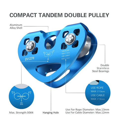 Beefy Built Tough Zip Line Pulley Tandem Speed Double Pulley 30KN 6700LBS Breaking Strength For 1/4 5/16 3/8 1/2 Inch Cable