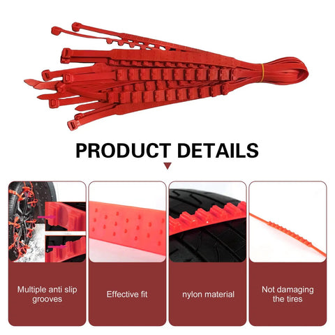 Hella Grippy Nylon Snow Chains For Passenger Car Tires, detailed view of red traction cables with anti-slip grooves.