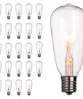 24 Pack Edison Style Replacement Bulbs For Outdoor String Lights 7W E17 ST40 Clear Glass Lamps Warm White 2300K Waterproof Aluminum Base UL Listed 120V Perfect For Patio Porch And Garden Ambience Cozy Vibes shown with filaments glowing in the foreground and full pack in the background.