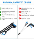 GrabRunner 38-inch and 44-inch extendable reacher grabber tool set with blue ergonomic grips; foldable and lightweight.